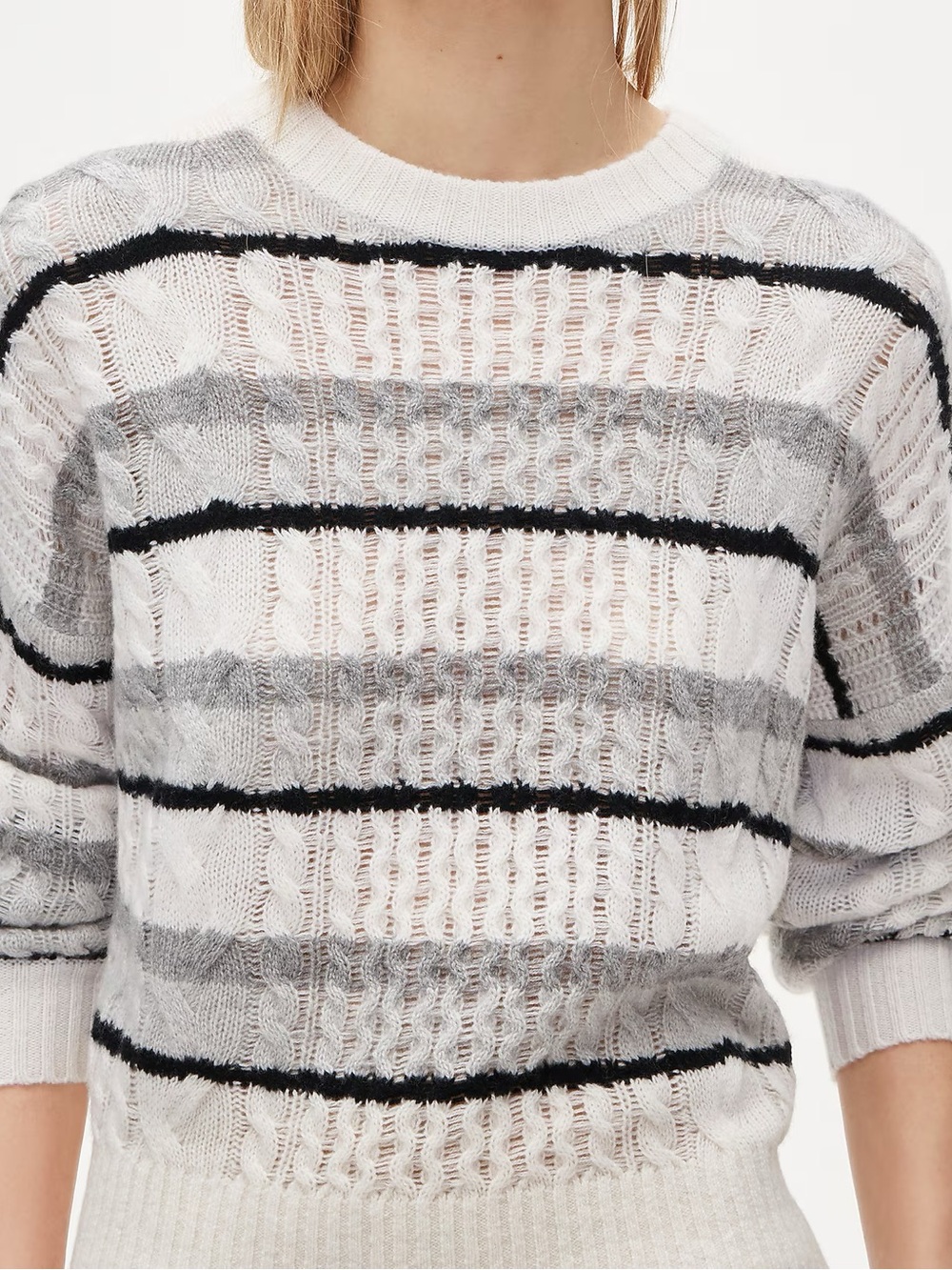 J. Crew White Open-Knit Crewneck Sweater with Gray and Black Stripes